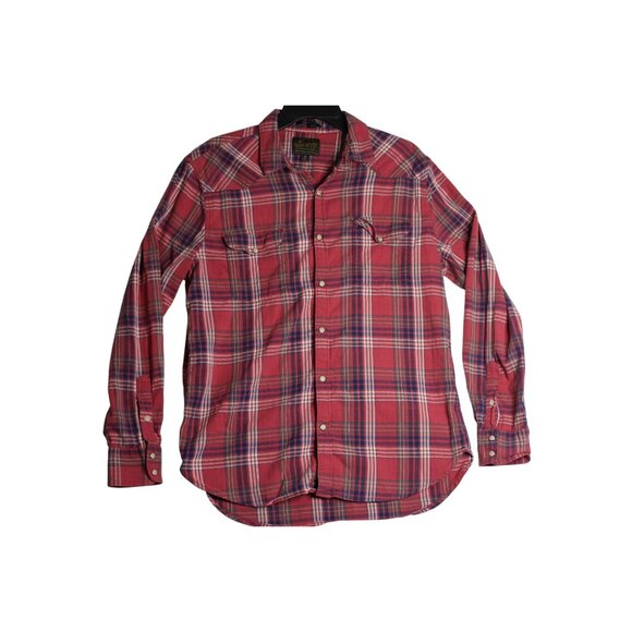 Lucky Brand Saturday Stretch L/S Thick Red Pearl Snap Flannel Shirt Mens Medium - Picture 1 of 5